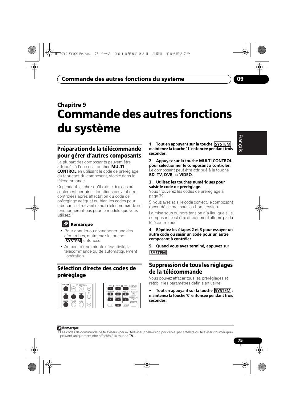 Commande des autres fonctions du système, Sélection directe des codes de préréglage, 09 commande des autres fonctions du système | Commande des autres fonctions du système 09, Chapitre 9, Français | Pioneer HTP-710 User Manual | Page 165 / 272