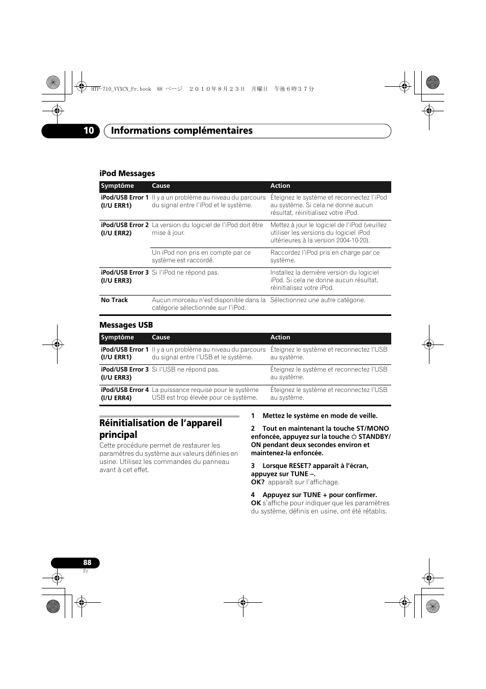 Ipod messages, Messages usb, Réinitialisation de l’appareil principal | Ipodmessages, Informations complémentaires 10 | Pioneer HTP-710 User Manual | Page 178 / 272