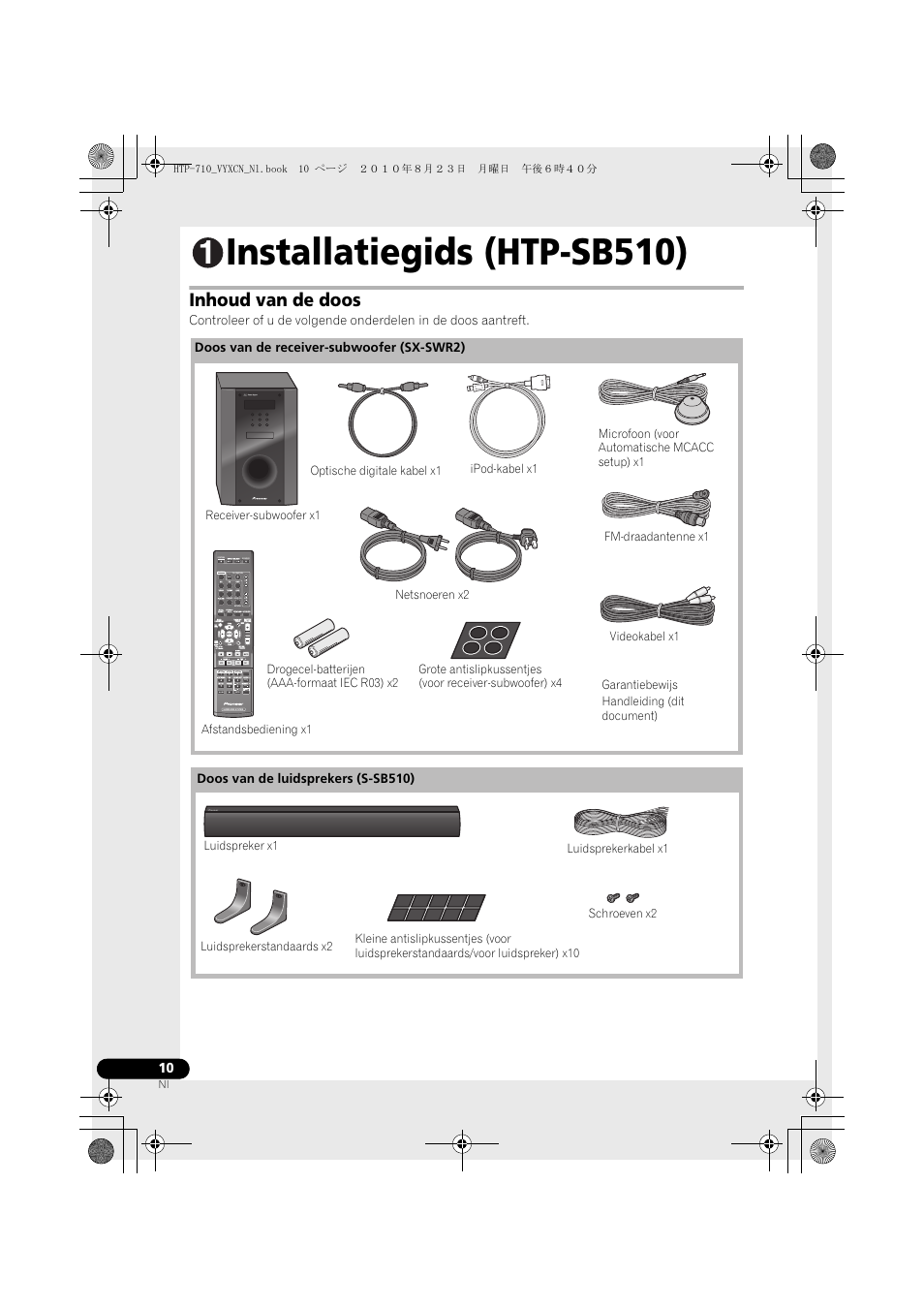 Installatiegids (htp-sb510), Inhoud van de doos | Pioneer HTP-710 User Manual | Page 190 / 272