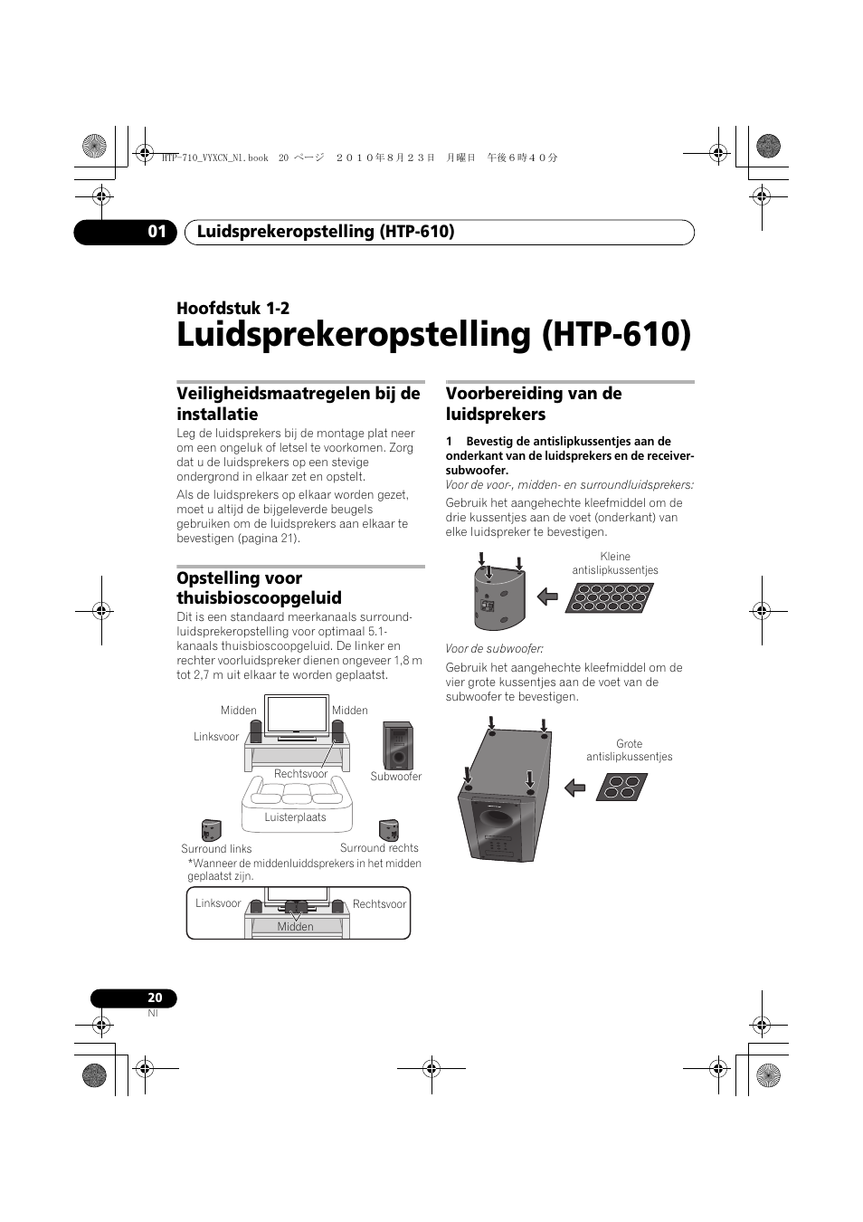 Luidsprekeropstelling (htp-610), Veiligheidsmaatregelen bij de installatie, Opstelling voor thuisbioscoopgeluid | Linksvoor, Voorbereiding van de luidsprekers, Kleine antislipkussentjes, Grote antislipkussentjes, 01 luidsprekeropstelling (htp-610), Hoofdstuk 1-2 | Pioneer HTP-710 User Manual | Page 200 / 272