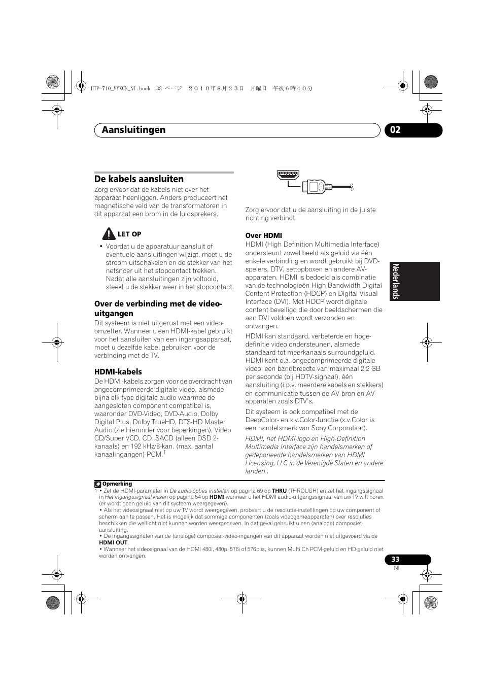 De kabels aansluiten, Over de verbinding met de video- uitgangen, Hdmi-kabels | Over de verbinding met de video-uitgangen, Aansluitingen 02 | Pioneer HTP-710 User Manual | Page 213 / 272