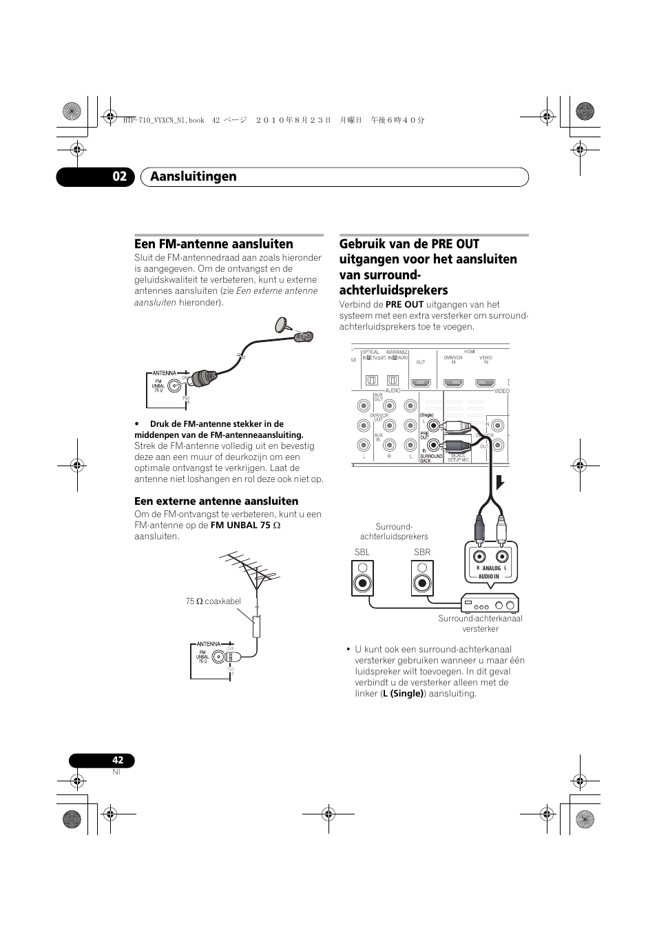 Een fm-antenne aansluiten, Een externe antenne aansluiten, 75 w coaxkabel | Surround-achterkanaal versterker, Aansluitingen 02 | Pioneer HTP-710 User Manual | Page 222 / 272