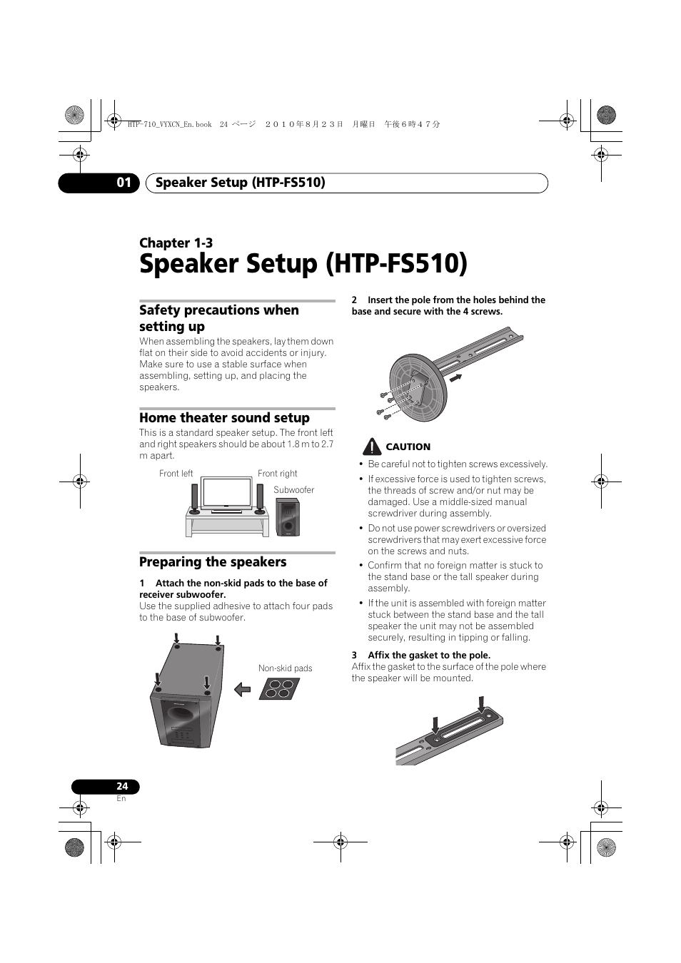 Speaker setup (htp-fs510), Safety precautions when setting up, Home theater sound setup | Front left, Preparing the speakers, Non-skid pads, 01 speaker setup (htp-fs510), Chapter 1-3 | Pioneer HTP-710 User Manual | Page 24 / 272