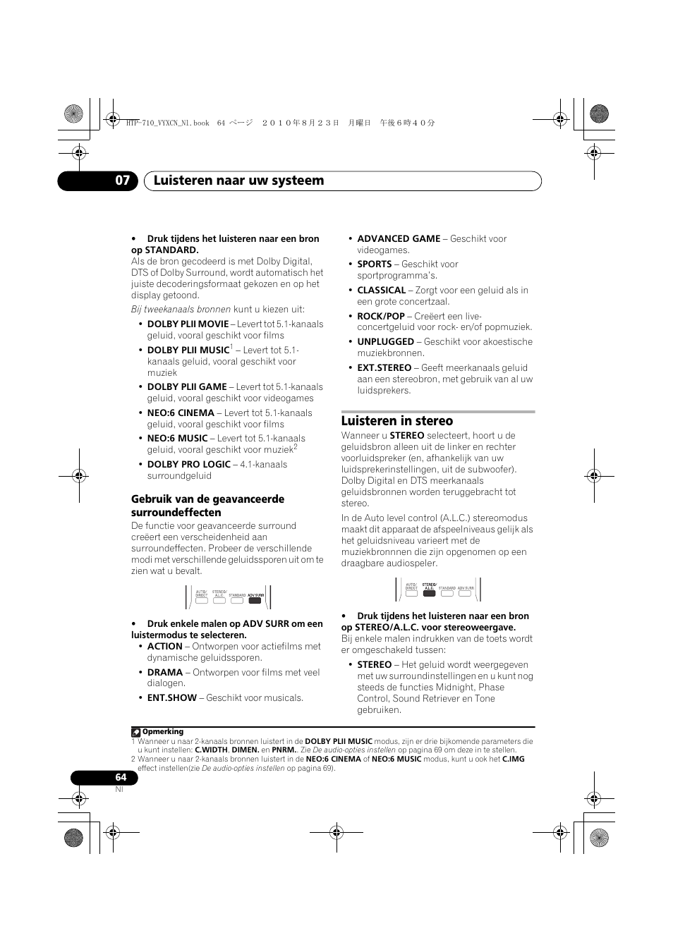 Gebruik van de geavanceerde surroundeffecten, Luisteren in stereo, Luisteren naar uw systeem 07 | Pioneer HTP-710 User Manual | Page 244 / 272