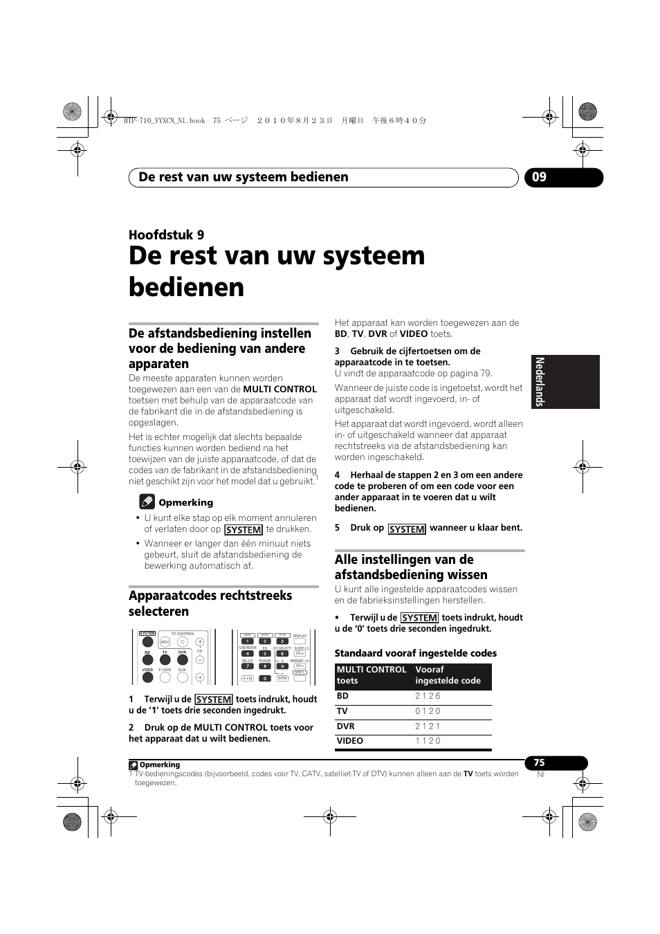 De rest van uw systeem bedienen, Apparaatcodes rechtstreeks selecteren, Alle instellingen van de afstandsbediening wissen | 09 de rest van uw systeem bedienen, De rest van uw systeem bedienen 09, Hoofdstuk 9, Nederlands | Pioneer HTP-710 User Manual | Page 255 / 272