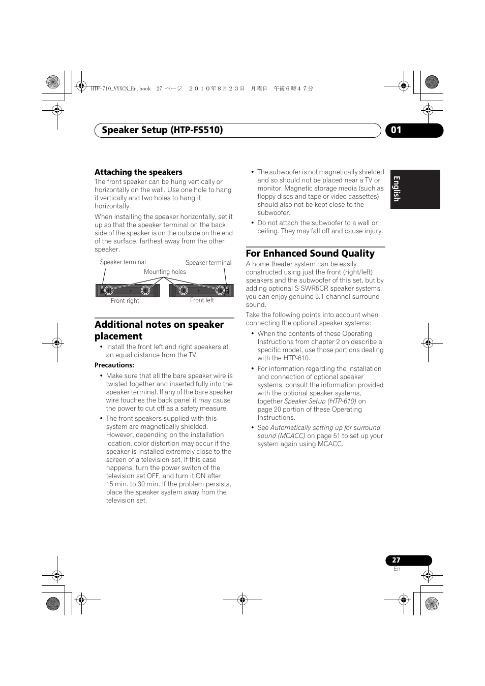 Attaching the speakers, Mounting holes, Additional notes on speaker placement | For enhanced sound quality | Pioneer HTP-710 User Manual | Page 27 / 272