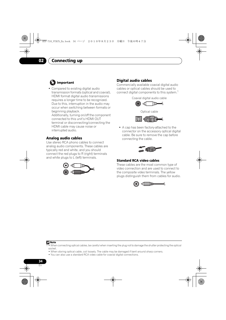 Analog audio cables, Digital audio cables, Connecting up 02 | Pioneer HTP-710 User Manual | Page 34 / 272