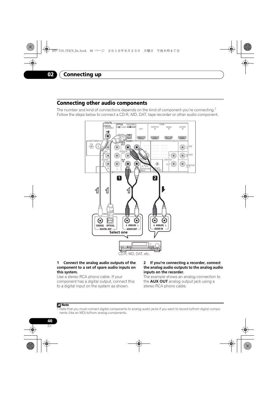 Connecting other audio components, Select one, Connecting up 02 | Pioneer HTP-710 User Manual | Page 40 / 272
