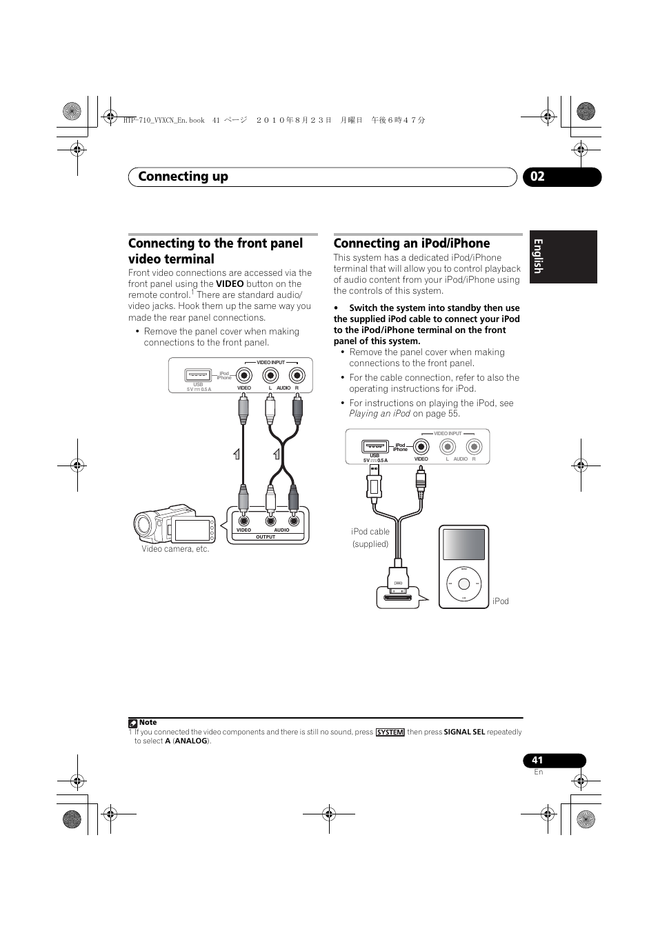 Connecting to the front panel video terminal, Video camera, etc, Connecting an ipod/iphone | Ipod, Connecting up 02 | Pioneer HTP-710 User Manual | Page 41 / 272