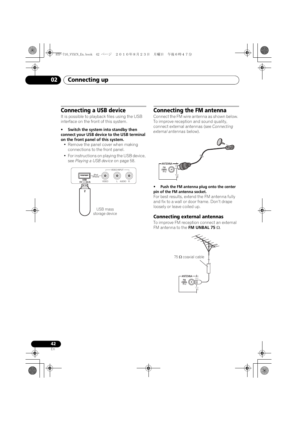 Connecting a usb device, Usb mass storage device, Connecting the fm antenna | Connecting external antennas, 75 w coaxial cable, Connecting up 02 | Pioneer HTP-710 User Manual | Page 42 / 272