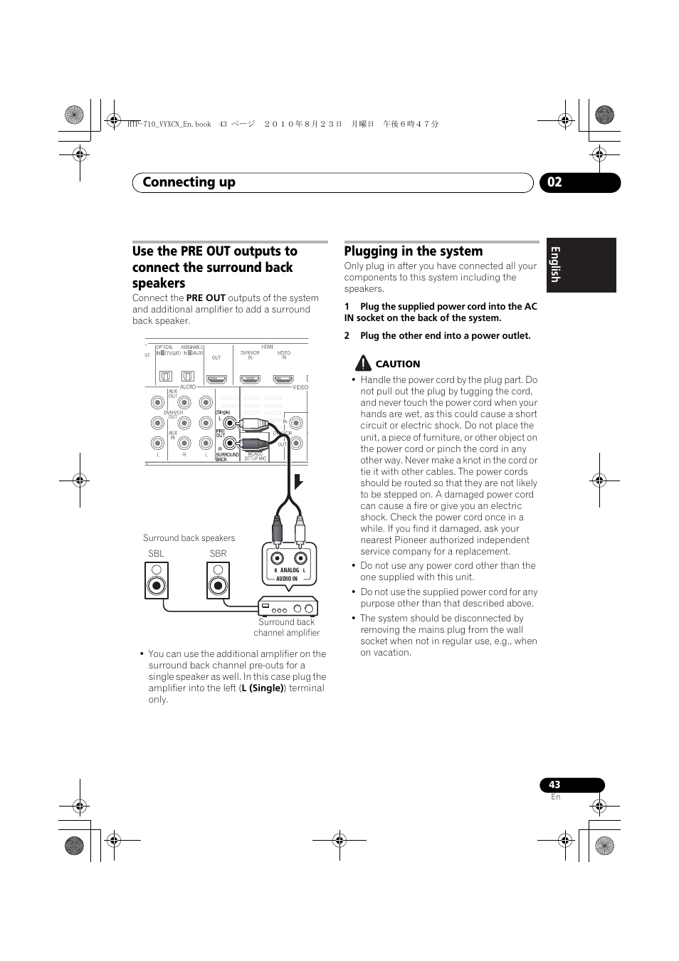 Surround back channel amplifier, Plugging in the system, Connecting up 02 | Pioneer HTP-710 User Manual | Page 43 / 272