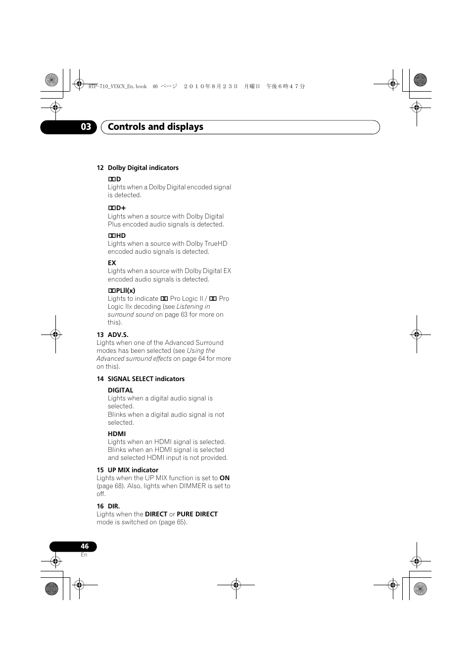 Controls and displays 03 | Pioneer HTP-710 User Manual | Page 46 / 272
