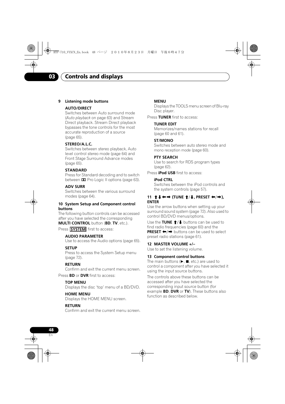 Controls and displays 03 | Pioneer HTP-710 User Manual | Page 48 / 272