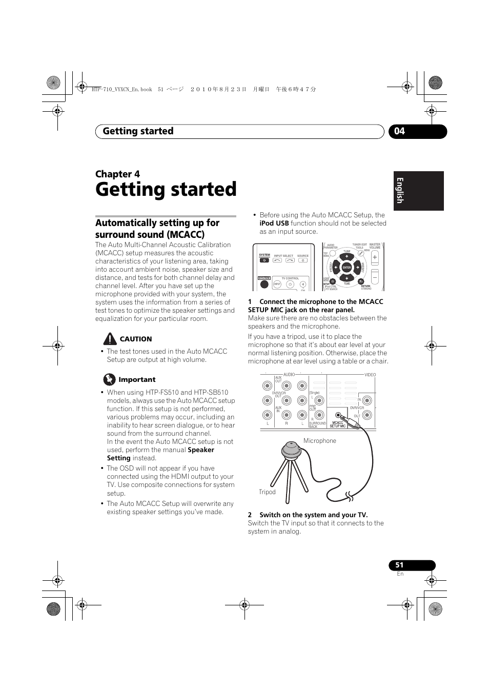 Getting started, Tripod, 04 getting started | Getting started 04, Chapter 4 | Pioneer HTP-710 User Manual | Page 51 / 272