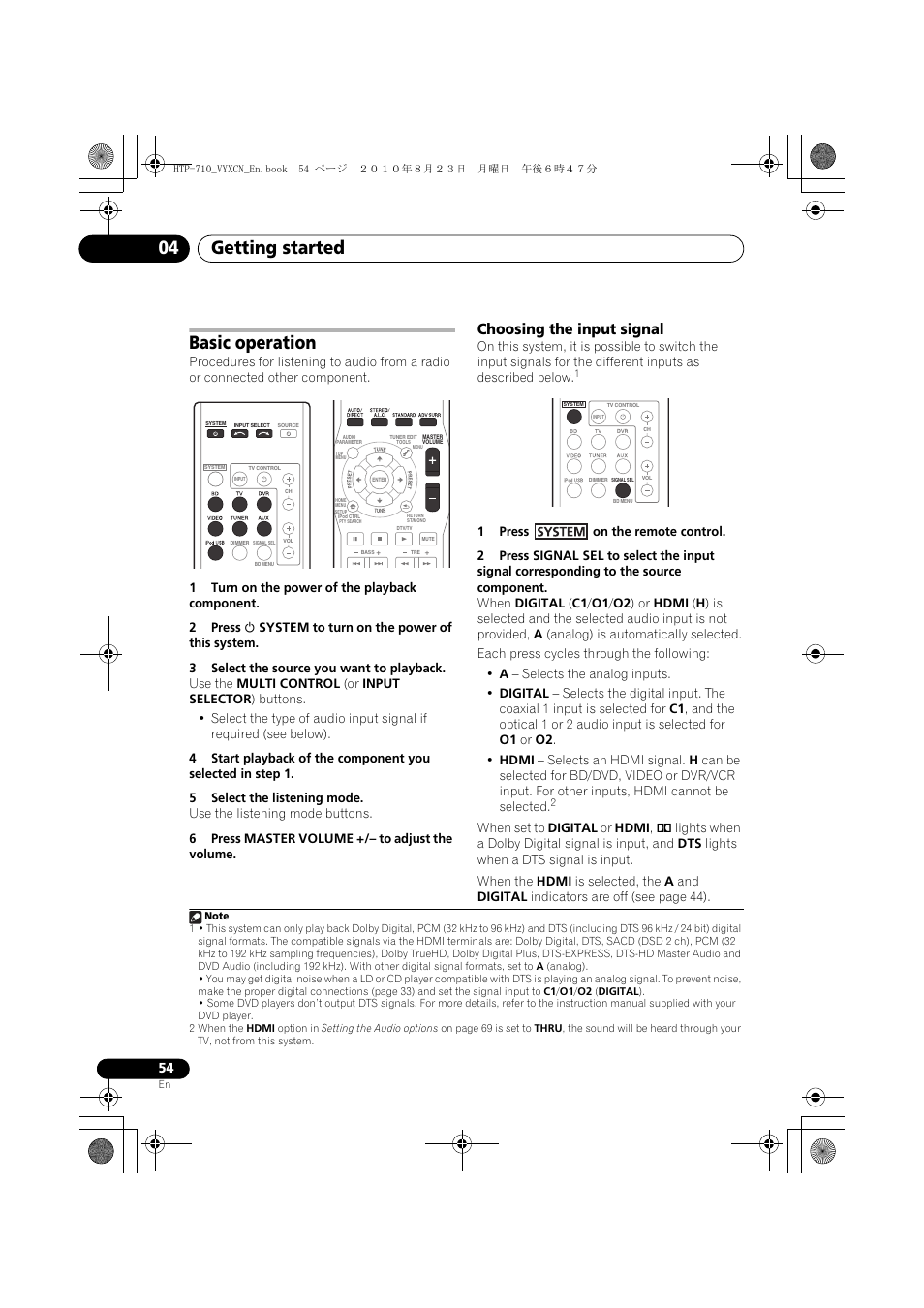 Basic operation, Choosing the input signal, Getting started 04 | Pioneer HTP-710 User Manual | Page 54 / 272