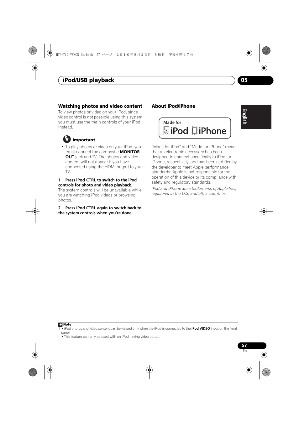 Watching photos and video content, About ipod/iphone, Ipod/usb playback 05 | Pioneer HTP-710 User Manual | Page 57 / 272