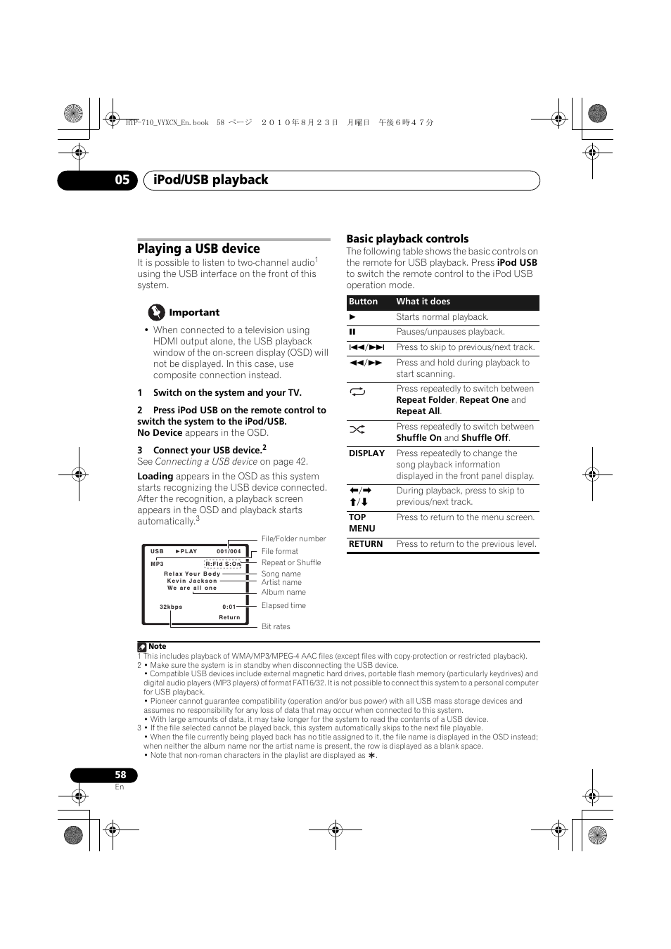 Playing a usb device, Basic playback controls, Ipod/usb playback 05 | Pioneer HTP-710 User Manual | Page 58 / 272