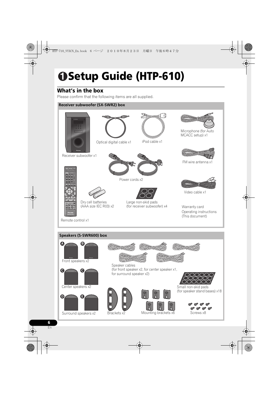 Large non-skid pads (for receiver subwoofer) x4, Setup guide (htp-610), What’s in the box | Pioneer HTP-710 User Manual | Page 6 / 272