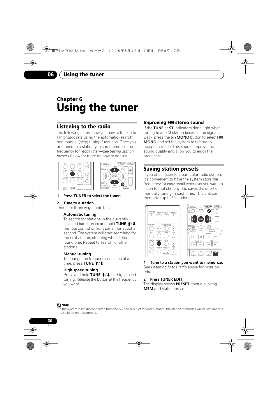 Using the tuner, Listening to the radio, Improving fm stereo sound | Saving station presets, 06 using the tuner, Using the tuner 06, Chapter 6 | Pioneer HTP-710 User Manual | Page 60 / 272