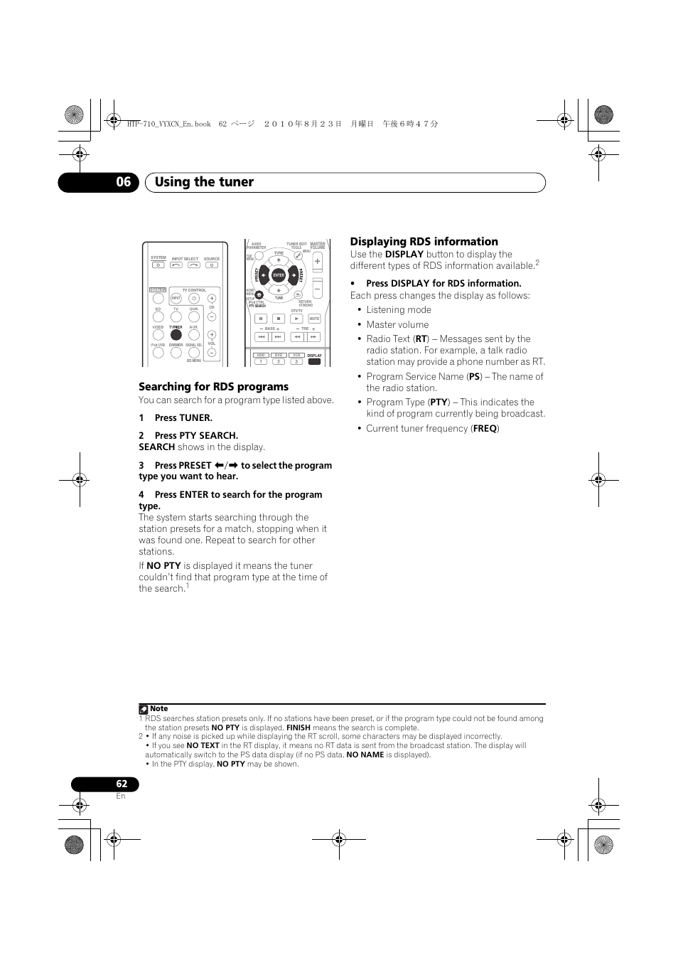 Searching for rds programs, Displaying rds information, Using the tuner 06 | Pioneer HTP-710 User Manual | Page 62 / 272