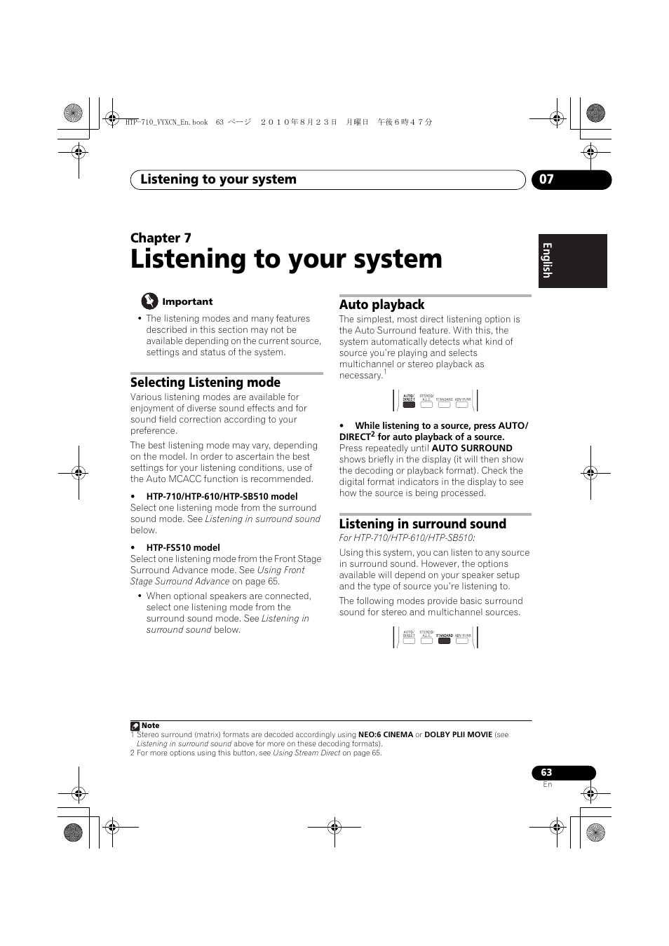 Listening to your system, Selecting listening mode, Auto playback | Listening in surround sound, 07 listening to your system, Listening to your system 07, Chapter 7 | Pioneer HTP-710 User Manual | Page 63 / 272