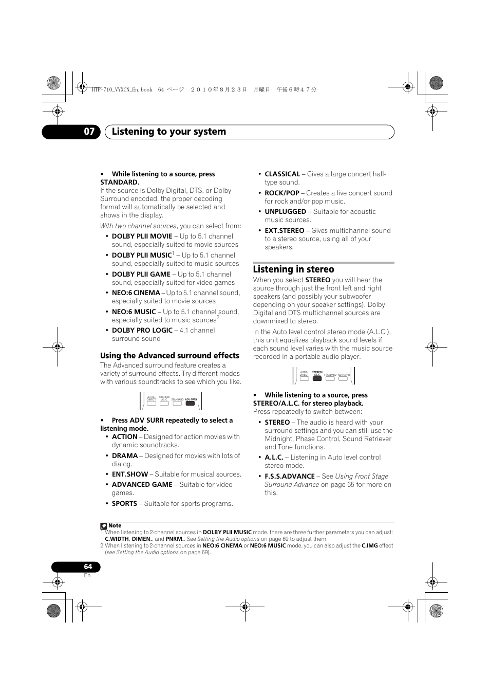 Using the advanced surround effects, Listening in stereo, Listening to your system 07 | Pioneer HTP-710 User Manual | Page 64 / 272