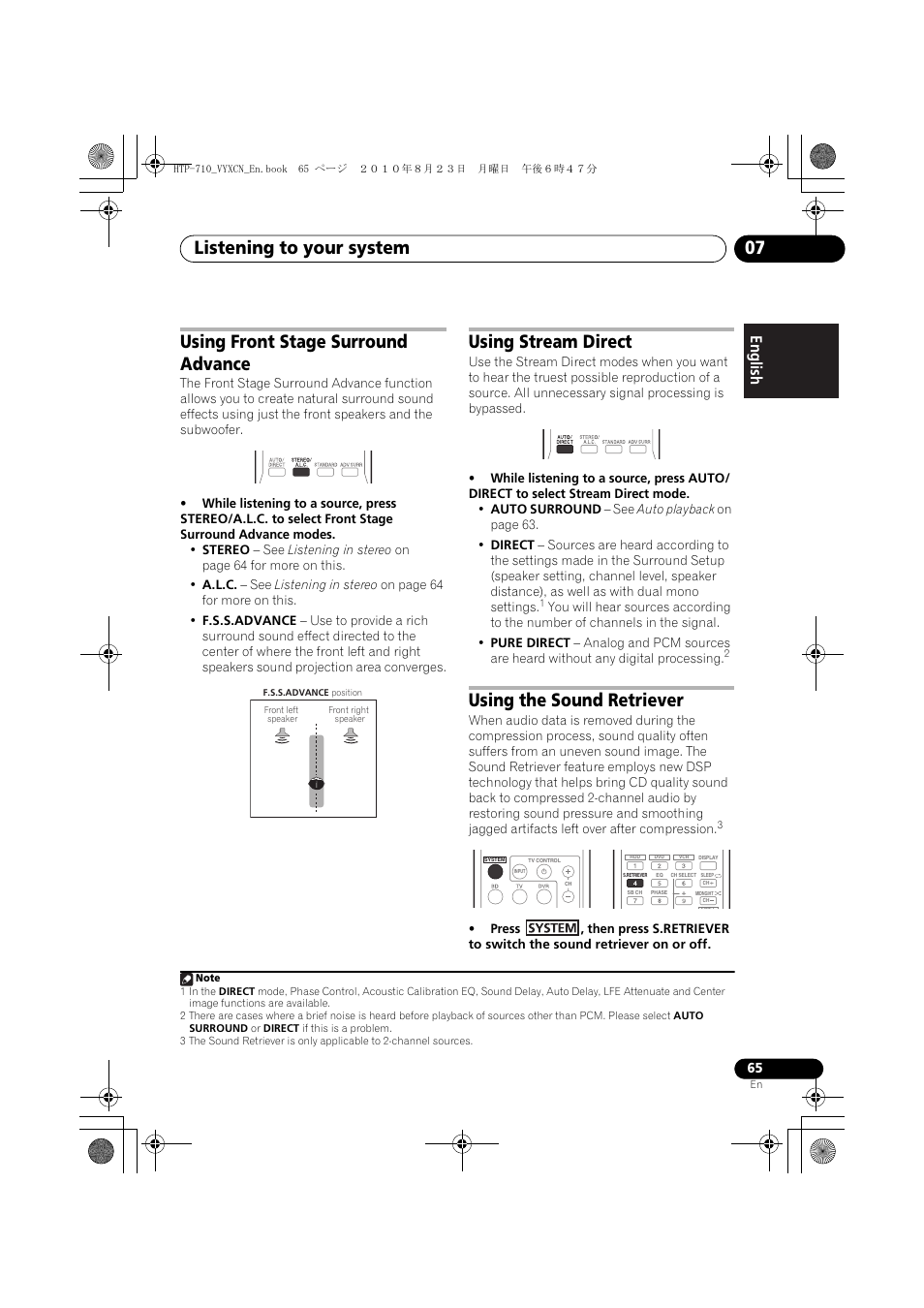 Using front stage surround advance, Using stream direct, Using the sound retriever | Listening to your system 07 | Pioneer HTP-710 User Manual | Page 65 / 272
