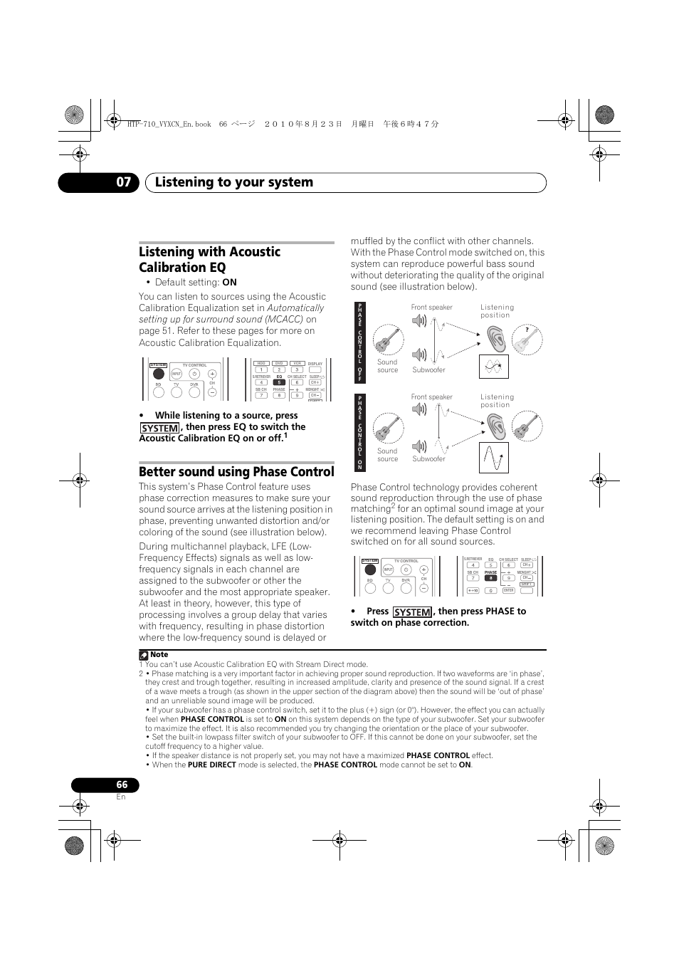 Listening with acoustic calibration eq, Better sound using phase control, Listening to your system 07 | Pioneer HTP-710 User Manual | Page 66 / 272