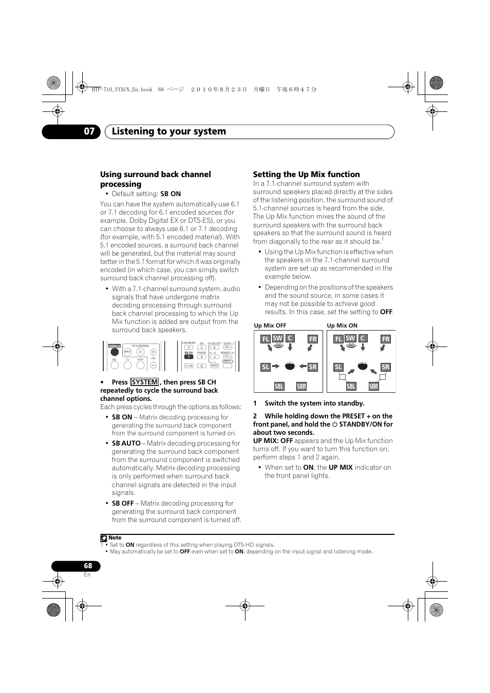 Using surround back channel processing, Setting the up mix function, Listening to your system 07 | Pioneer HTP-710 User Manual | Page 68 / 272