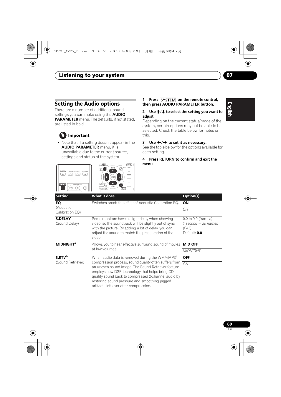 Setting the audio options, Listening to your system 07 | Pioneer HTP-710 User Manual | Page 69 / 272