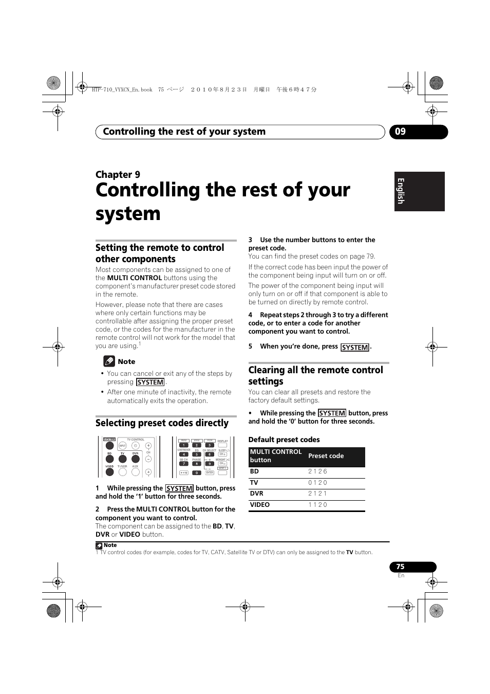 Controlling the rest of your system, Setting the remote to control other components, Selecting preset codes directly | Clearing all the remote control settings, 09 controlling the rest of your system, Controlling the rest of your system 09, Chapter 9 | Pioneer HTP-710 User Manual | Page 75 / 272