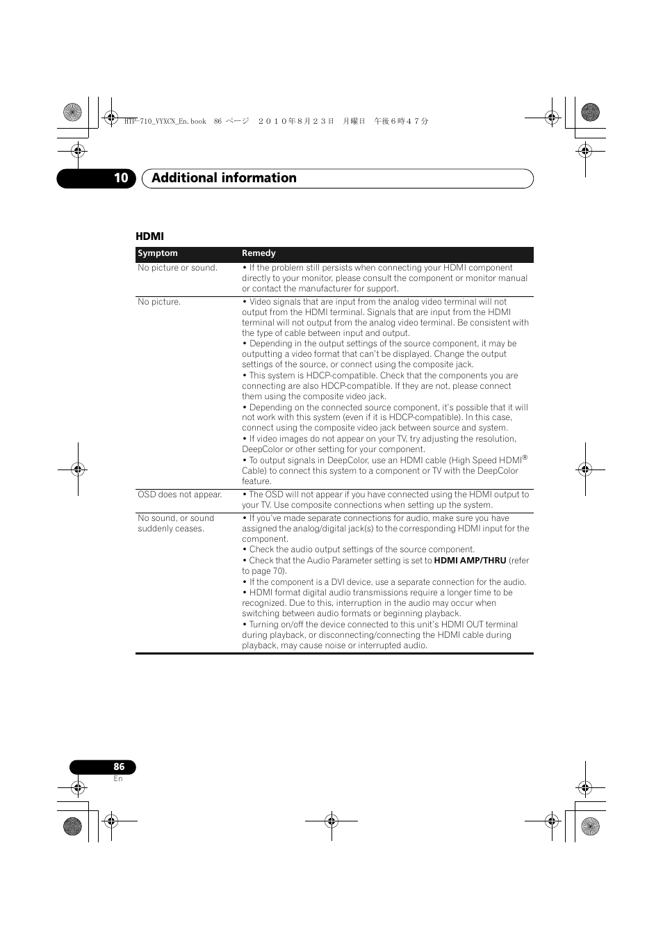 Hdmi, Additional information 10 | Pioneer HTP-710 User Manual | Page 86 / 272