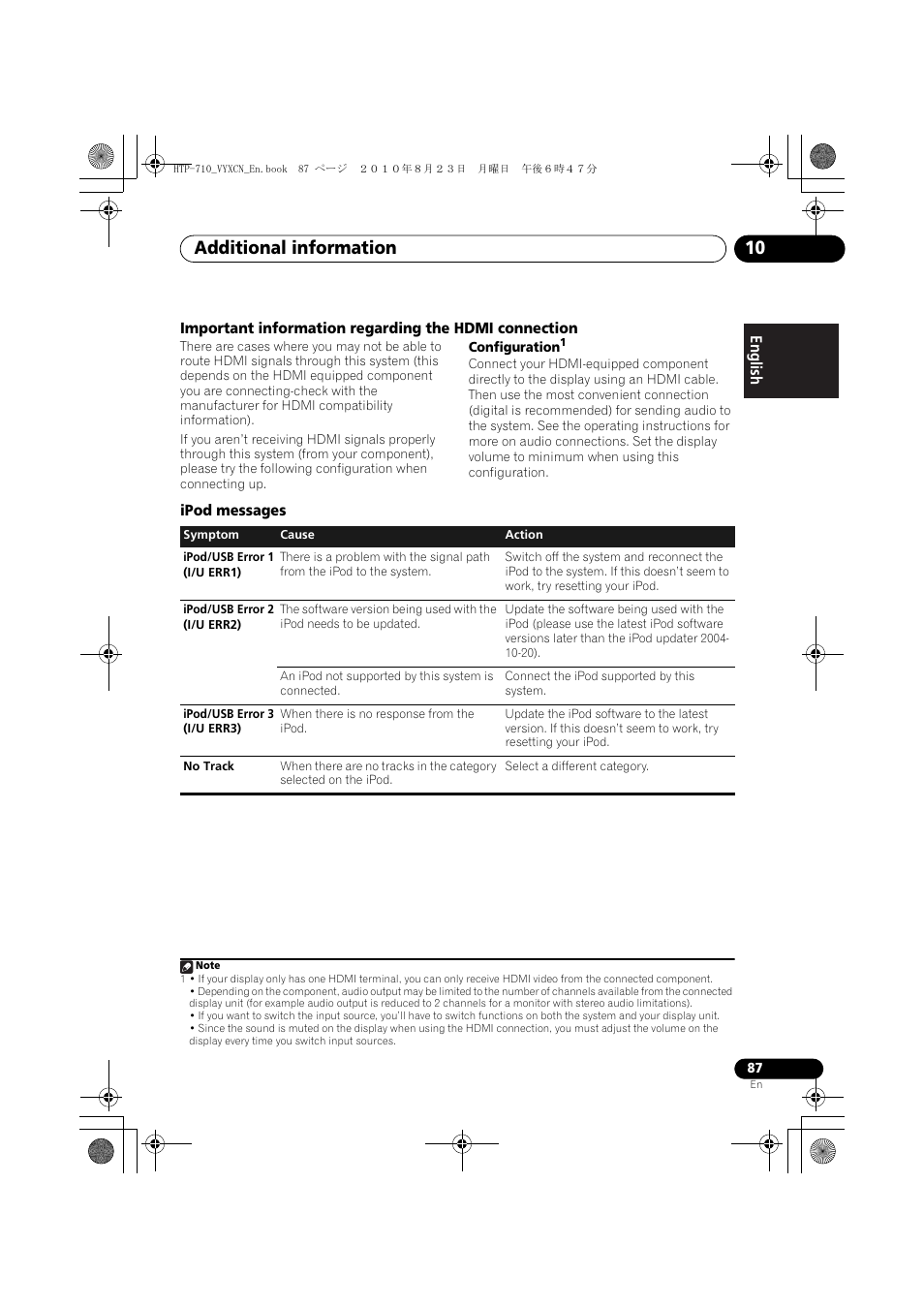 Ipod messages, Additional information 10 | Pioneer HTP-710 User Manual | Page 87 / 272