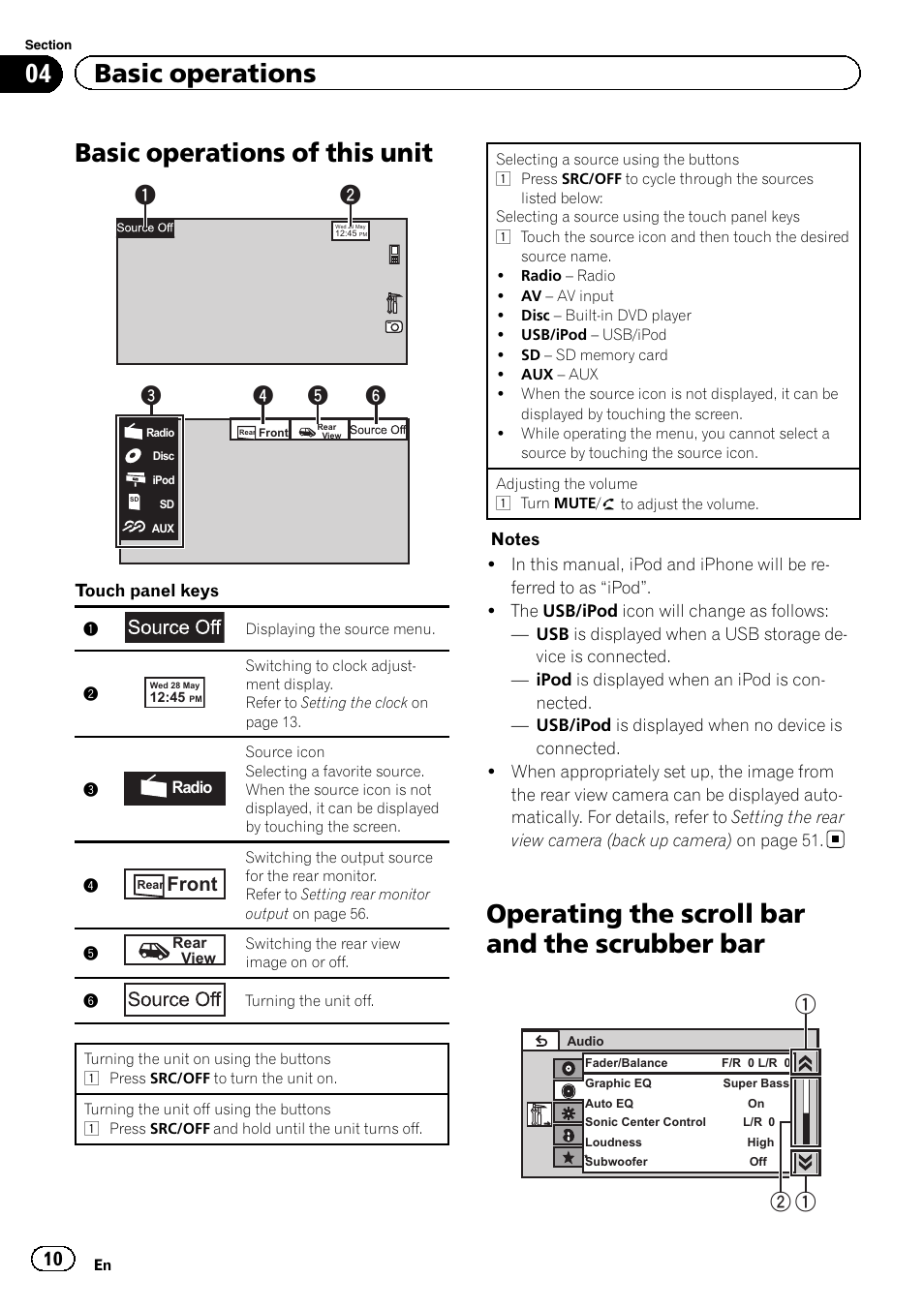 Basic operations basic operations of this unit, Operating the scroll bar and the scrubber, Basic operations of this unit | Operating the scroll bar and the scrubber bar, 04 basic operations, Front | Pioneer AVH-6300BT User Manual | Page 10 / 76