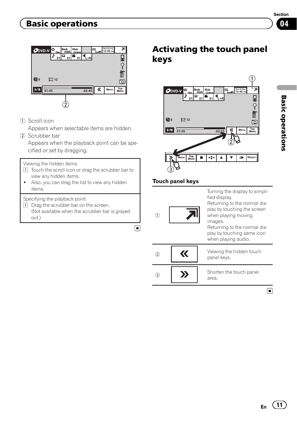 Activating the touch panel keys, Basic operations, Touch panel keys | Pioneer AVH-6300BT User Manual | Page 11 / 76