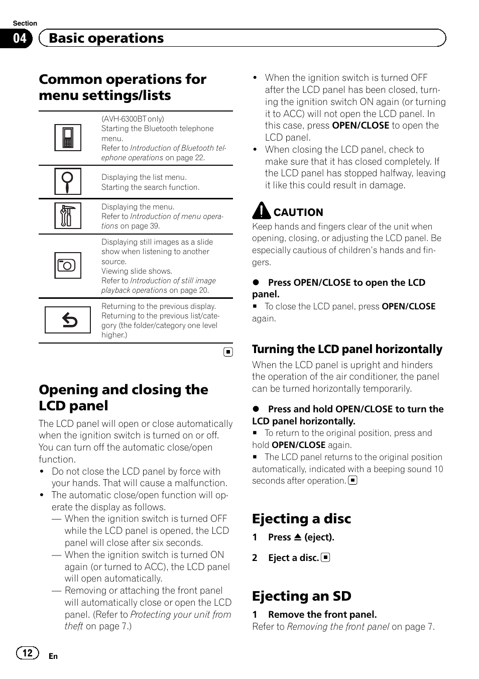 Common operations for menu settings, Lists, Opening and closing the lcd panel | Ejecting a disc, Ejecting an sd, Common operations for menu settings/lists, 04 basic operations, Turning the lcd panel horizontally | Pioneer AVH-6300BT User Manual | Page 12 / 76