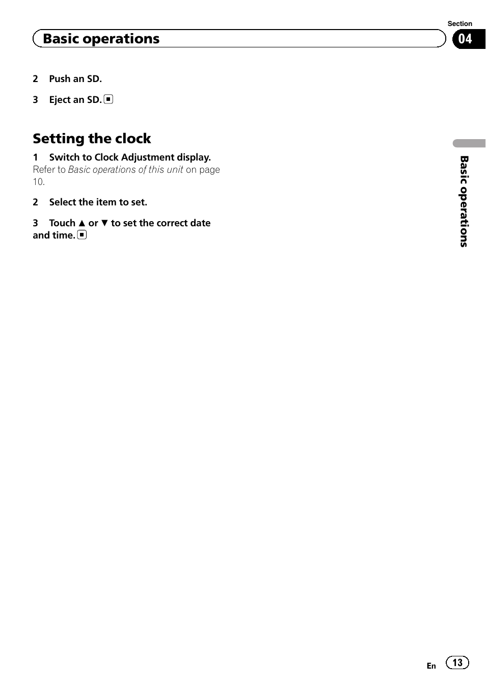 Setting the clock, Basic operations | Pioneer AVH-6300BT User Manual | Page 13 / 76