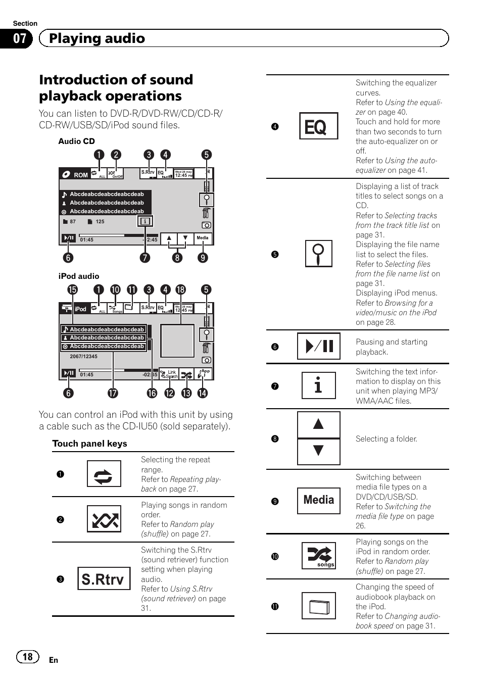 Playing audio introduction of sound playback, Operations, Introduction of sound playback operations | 07 playing audio | Pioneer AVH-6300BT User Manual | Page 18 / 76
