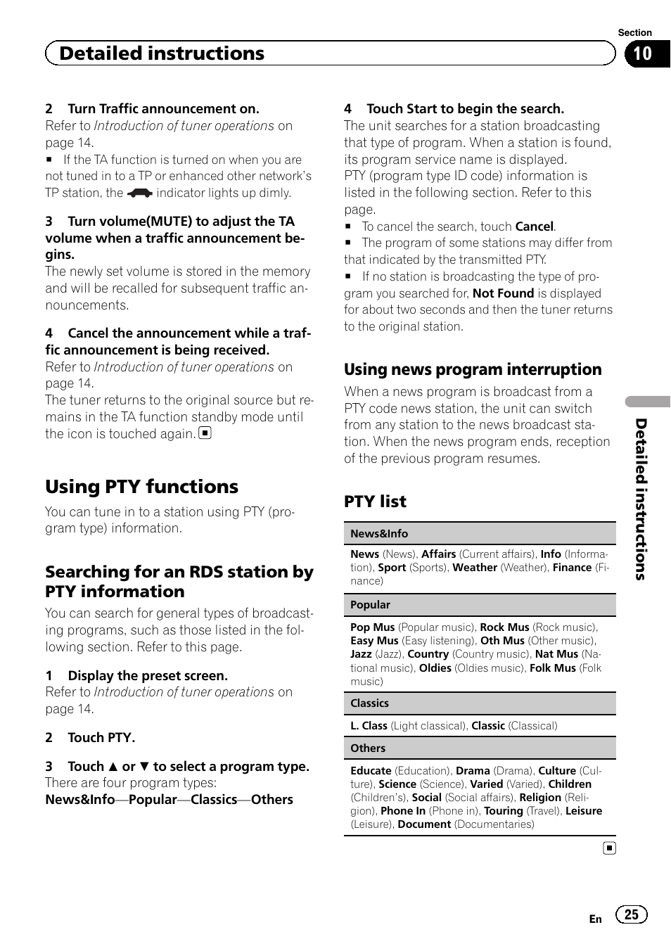 Using pty functions, Detailed instructions, Searching for an rds station by pty information | Using news program interruption, Pty list | Pioneer AVH-6300BT User Manual | Page 25 / 76