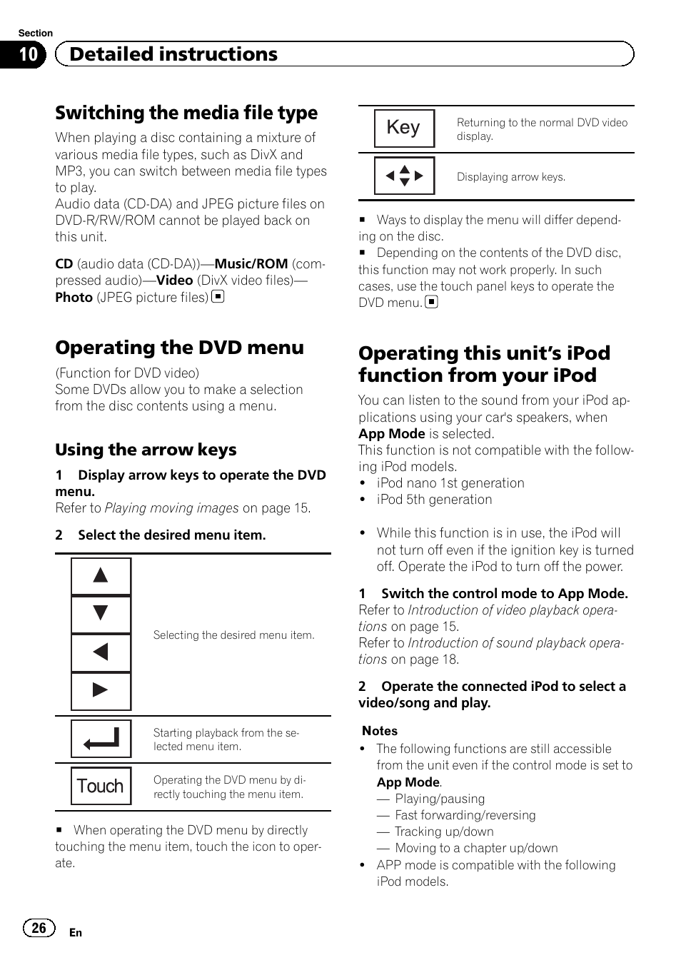 Switching the media file type, Operating the dvd menu, Operating this unit | S ipod function from your, Ipod, S ipod function from, 10 detailed instructions, Using the arrow keys | Pioneer AVH-6300BT User Manual | Page 26 / 76
