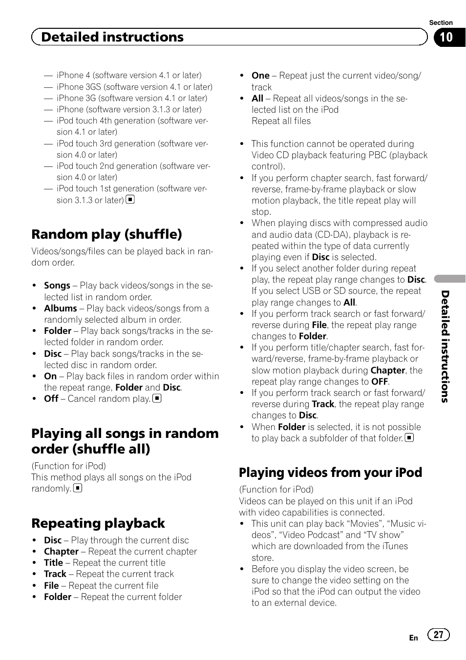 Random play (shuffle), Playing all songs in random order (shuffle, All) | Repeating playback, Playing videos from your ipod, Playing all songs in random order (shuffle all), Detailed instructions | Pioneer AVH-6300BT User Manual | Page 27 / 76