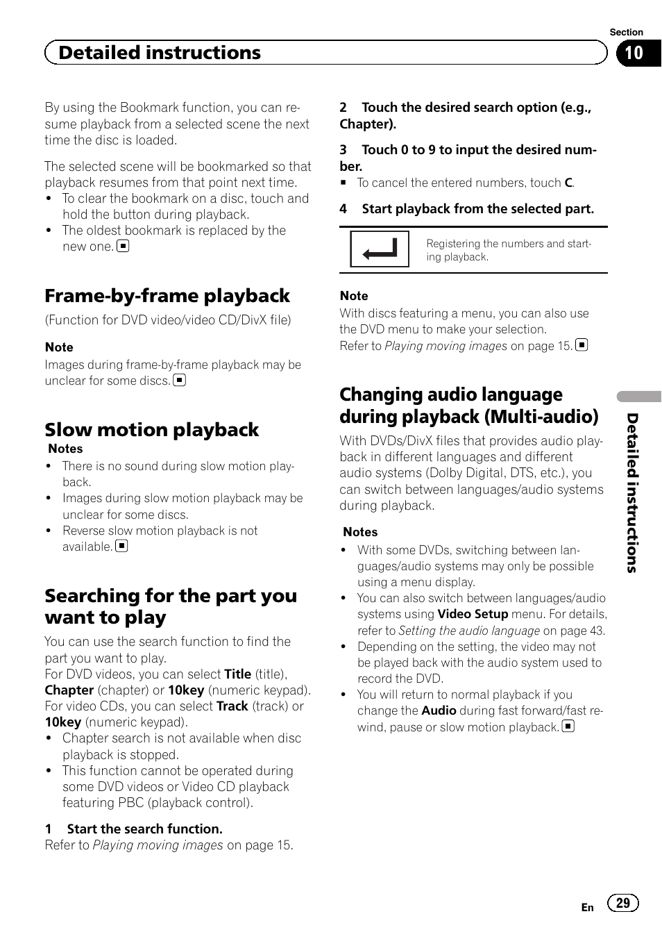 Frame-by-frame playback, Slow motion playback, Searching for the part you want to play | Changing audio language during playback, Multi-audio), Detailed instructions | Pioneer AVH-6300BT User Manual | Page 29 / 76
