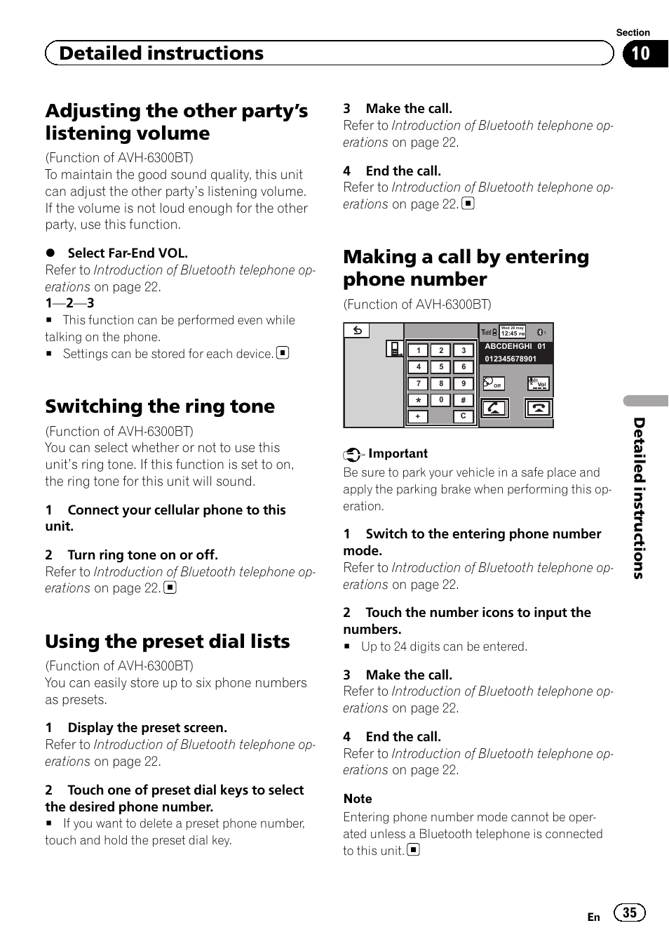 Adjusting the other party, S listening, Volume | Switching the ring tone, Using the preset dial lists, Making a call by entering phone number, S listening volume on, Adjusting the other party ’s listening volume, Detailed instructions | Pioneer AVH-6300BT User Manual | Page 35 / 76