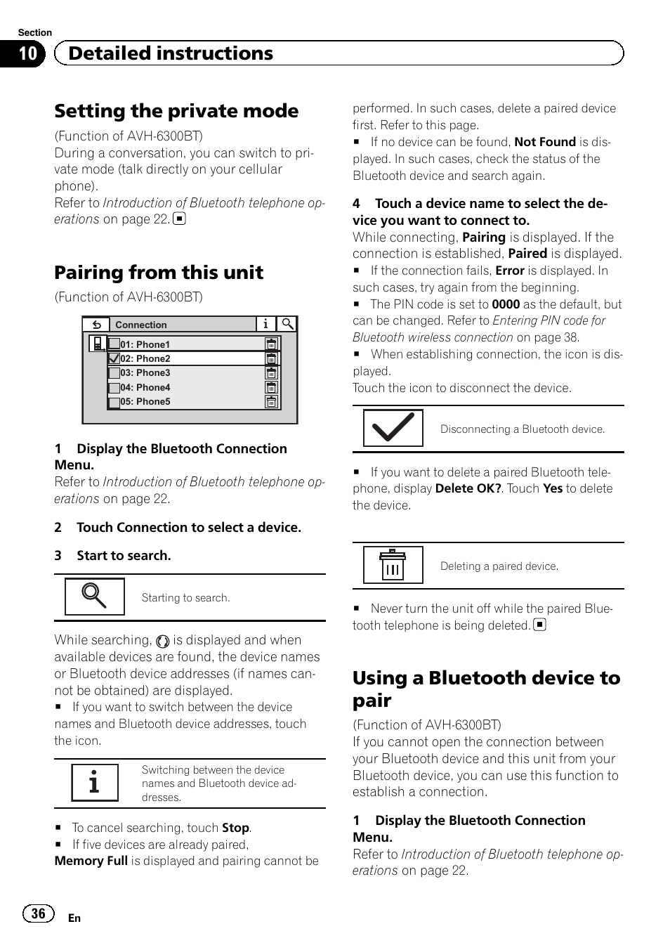 Setting the private mode, Pairing from this unit, Using a bluetooth device to pair | 10 detailed instructions | Pioneer AVH-6300BT User Manual | Page 36 / 76
