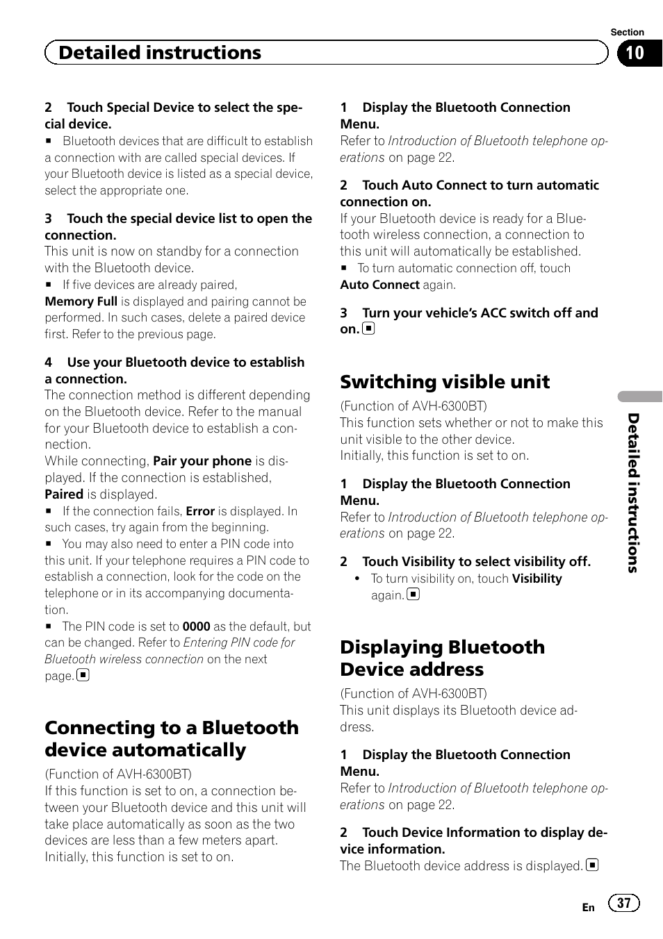 Connecting to a bluetooth device, Automatically, Switching visible unit | Displaying bluetooth device address, Connecting to a bluetooth device automatically, Detailed instructions | Pioneer AVH-6300BT User Manual | Page 37 / 76