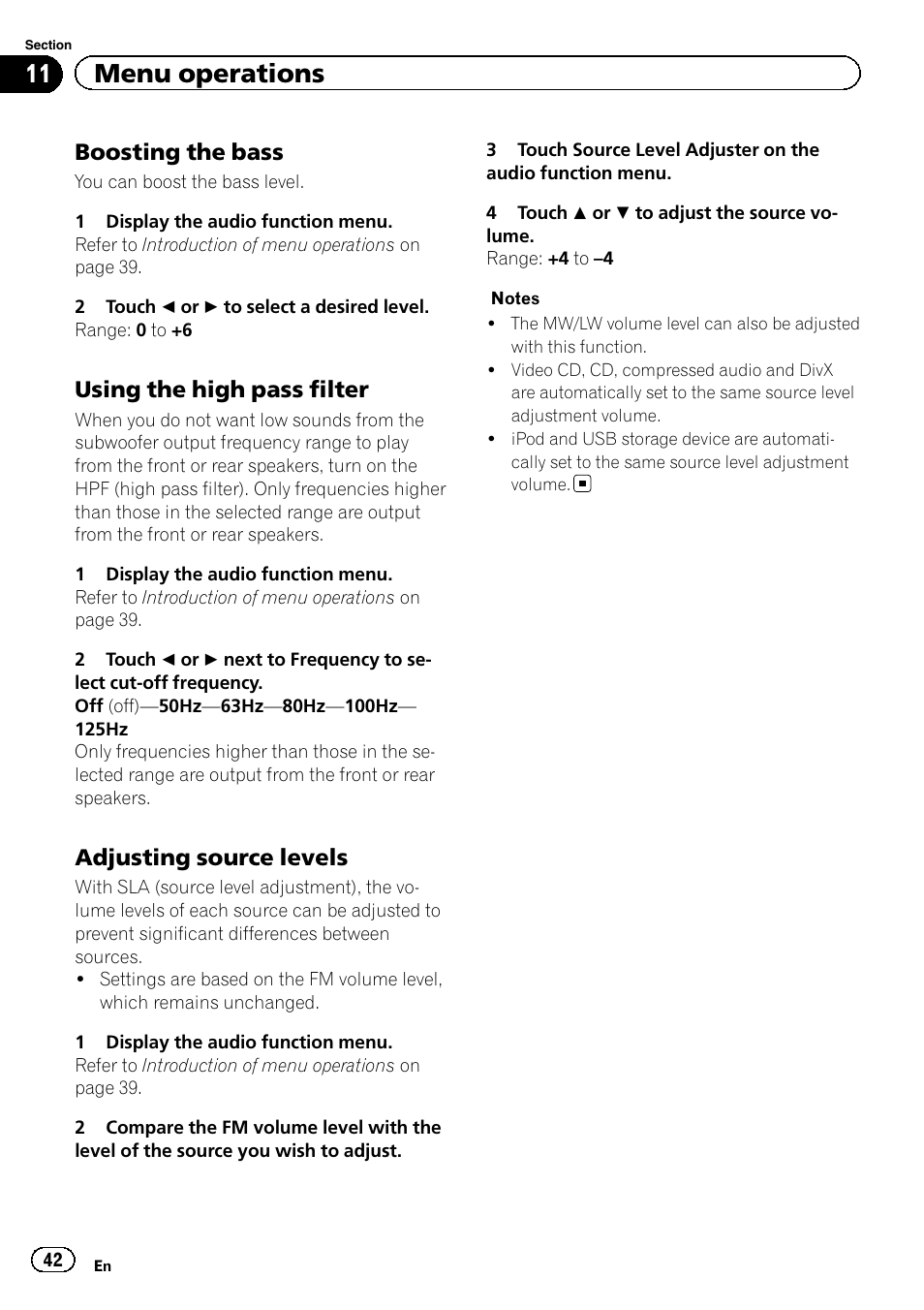 11 menu operations, Boosting the bass, Using the high pass filter | Adjusting source levels | Pioneer AVH-6300BT User Manual | Page 42 / 76