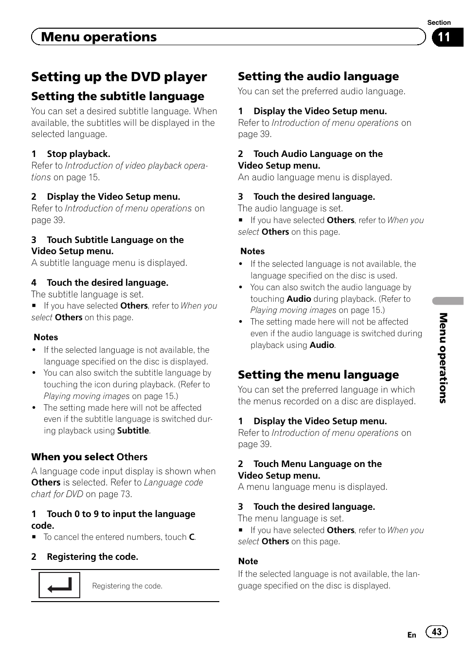 Setting up the dvd player, Menu operations, Setting the subtitle language | Setting the audio language, Setting the menu language | Pioneer AVH-6300BT User Manual | Page 43 / 76