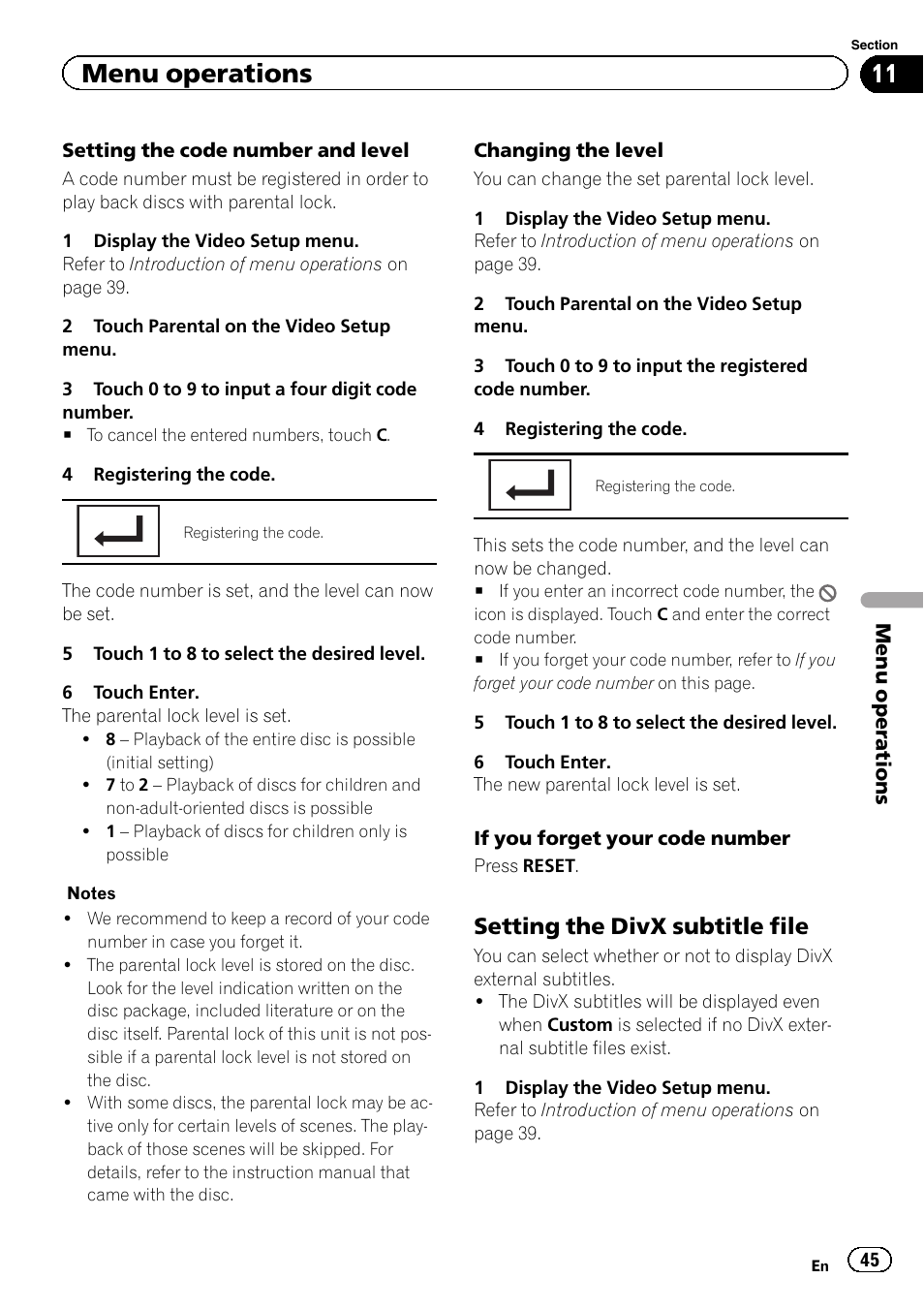 Menu operations, Setting the divx subtitle file | Pioneer AVH-6300BT User Manual | Page 45 / 76