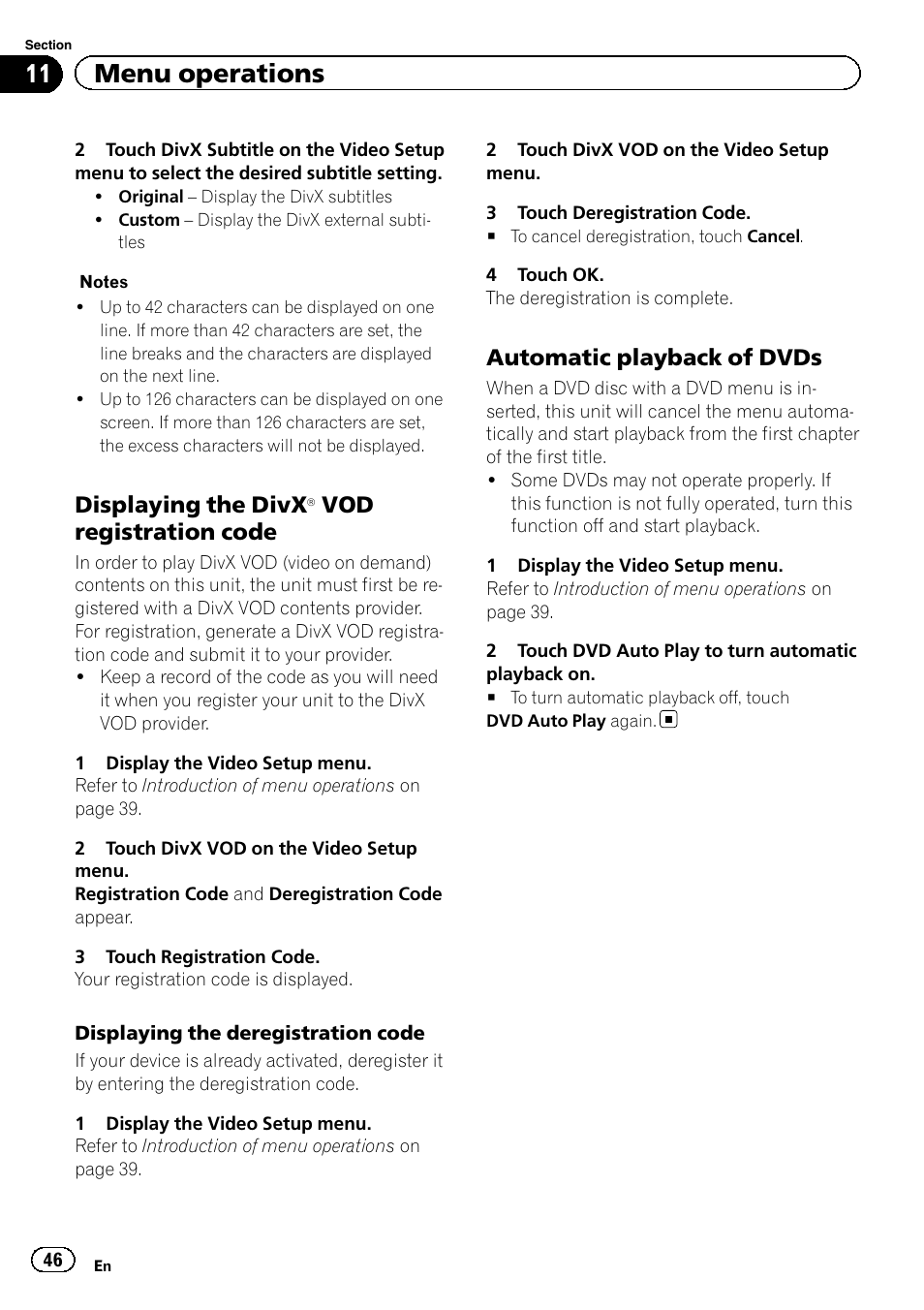 Displaying the divx, 11 menu operations, Vod registration code | Automatic playback of dvds | Pioneer AVH-6300BT User Manual | Page 46 / 76