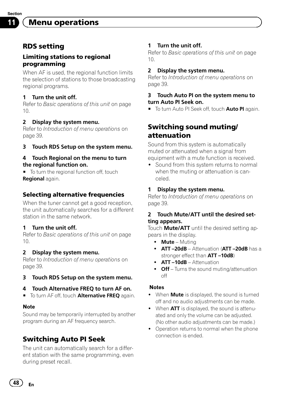 11 menu operations, Rds setting, Switching auto pi seek | Switching sound muting/ attenuation | Pioneer AVH-6300BT User Manual | Page 48 / 76